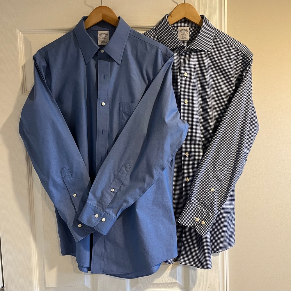2 Brooks Brothers Shirts - Solid Blue and Blue Gingham
